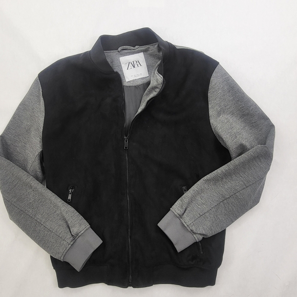 Zara Faux Suede Combined Bomber Jacket In Black/Gray Size XL - Picture 5 of 9